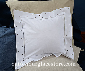 Hemstitch Baby Pillow with Brown Polka Dots. 12x12: